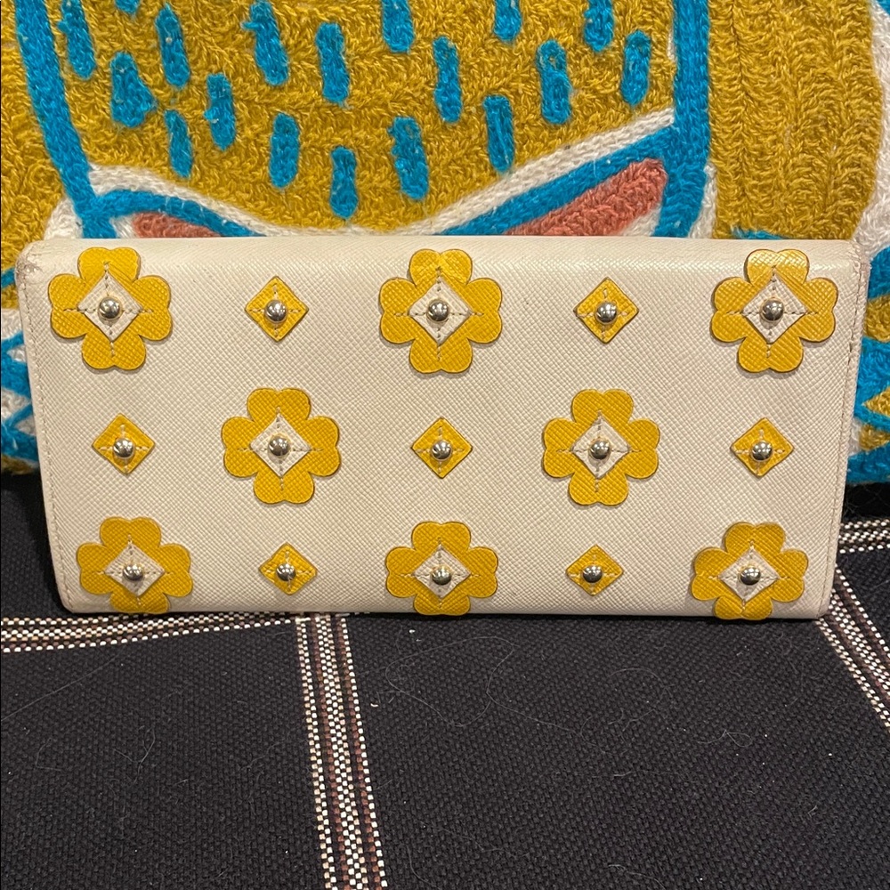 Prada Saffiano Leather Rare Wallet Flowers Cream Yellow As Is - Picture 3 of 16